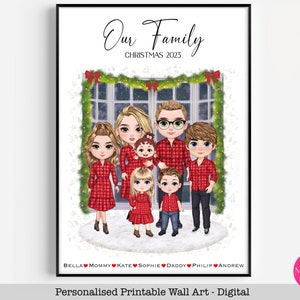 Arte de pared imprimible familiar de Navidad personalizado / Retrato de dibujos animados digitales / Decoración del hogar de Navidad / Ilustración familiar de regalo de recuerdo