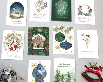 Set van 10 kerstkaarten - prints van handgeschilderde kaarten aquarel en gouache. Geprint op biopuur papier, inclusief enveloppen