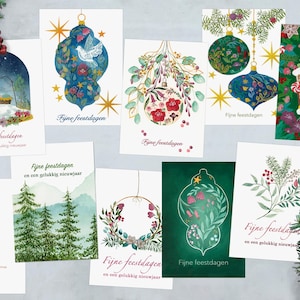 Set van 10 kerstkaarten - prints van handgeschilderde kaarten aquarel en gouache. Geprint op biopuur papier, inclusief enveloppen