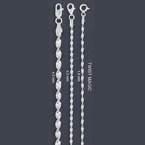 May include: Three silver twist chains of different widths, labelled with their measurements in millimetres: 4.3 mm, 2.3 mm, and 1.8 mm. The text "TWIST MAGIC" is printed vertically on the right side of the image.