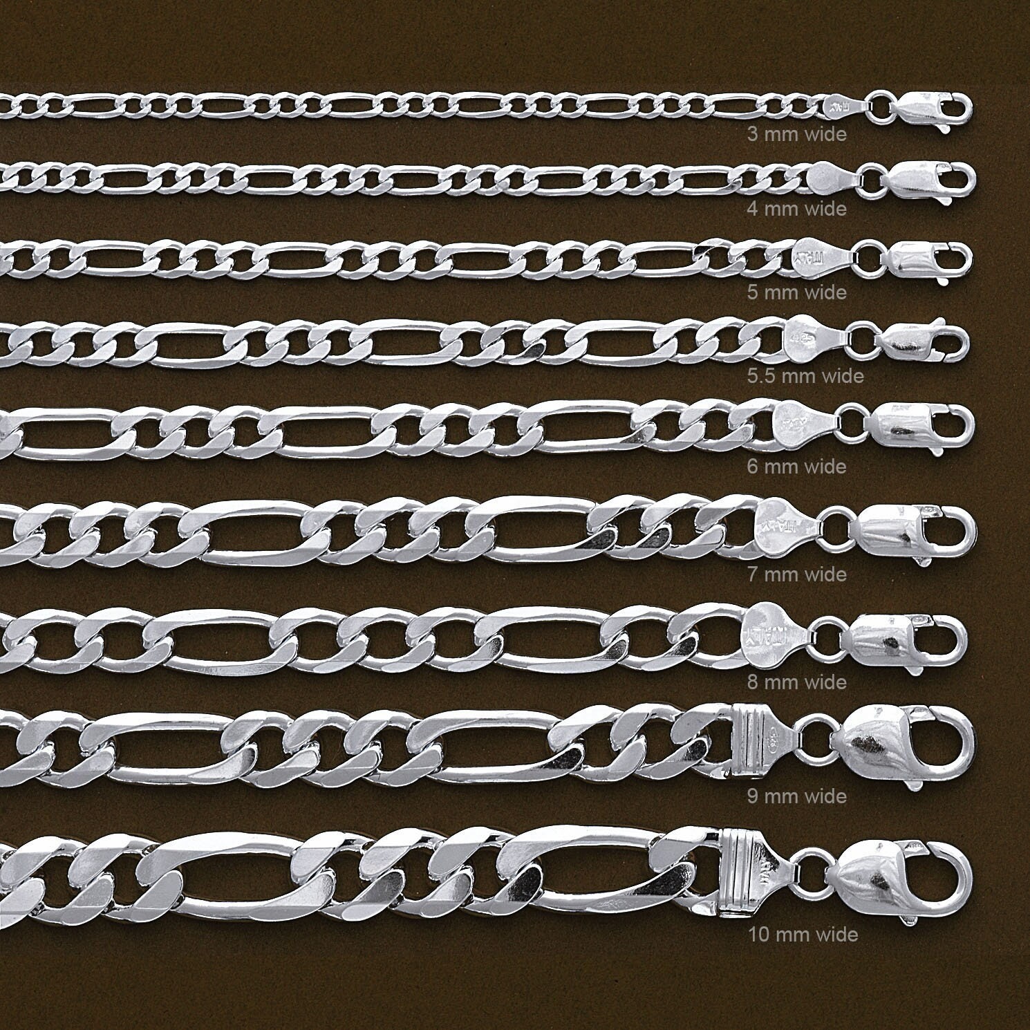 Sterling Silver Figaro Chain Necklace 4.5mm (Gauge 120). Available in
