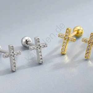 Piercing Kreuz Helix Zirkonia mit Gewinde Verschluss 925 Silber 18K vergoldet