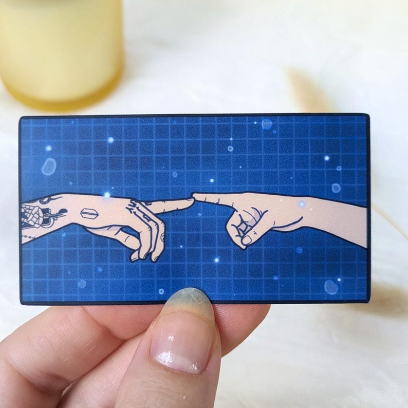 May include: Two hands reach out to touch each other, their fingertips almost meeting. The background is a blue grid with white dots, resembling a digital space.