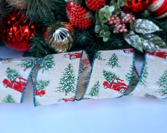 Kerstlint Draadrand 63 mm Kerst Vrachtwagen Kerstversiering Cadeaupapier Cadeaus Ambachtelijk Glitter Strik