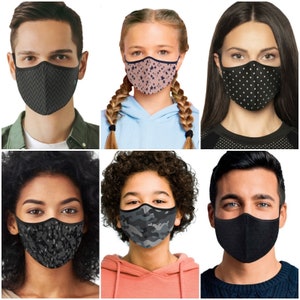 Può includere: Sei persone indossano diverse maschere facciali con motivi. Le maschere sono nere con vari motivi tra cui zig zag, stelle, pois e mimetico.