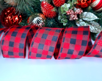Kerstlint Draadrand 63 mm Rood Zwart Geruit Kerstversiering Cadeaupapier Cadeaus Craft Glitter Strik