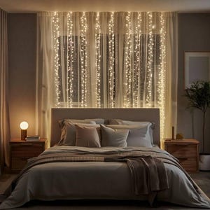 Op de afbeelding: Een slaapkamer met een bed voorzien van een grijs dekbed en kussens, geplaatst voor doorschijnende witte gordijnen versierd met verticale strengen warmwitte LED-lichtjes. Twee houten nachtkastjes staan aan weerszijden van het bed.