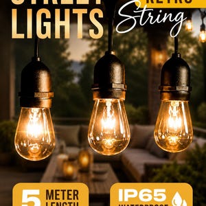 5M Connectable Outdoor String Lights with 10 Shatterproof LED Edison Bulbs, Rubber Cable, IP65 Waterproof, Warm White Patio & Garden Lights