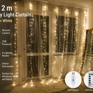 May include: A 3 x 2 m warm white fairy light curtain featuring USB power, a remote control, and 8 lighting modes. The text on the image includes 3 x 2 m Fairy Light Curtain, Warm White, Remote Control, USB Powered, 8 Lighting Modes, Indoor Decoration.