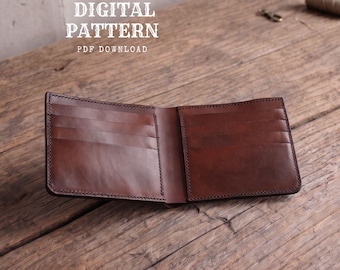 May include: A brown leather bifold wallet featuring multiple interior card slots and a bill compartment. The text DIGITAL PATTERN PDF DOWNLOAD is visible above the wallet, which is displayed open to show the internal structure and stitching.
