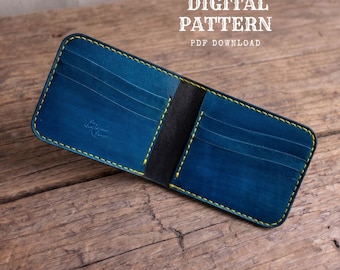 May include: A blue leather bifold wallet with bright yellow stitching, featuring multiple card slots on both sides and a black central spine. The text DIGITAL PATTERN PDF DOWNLOAD is visible in the upper right corner of the image.