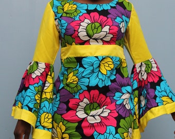 Africa women clothing, Ankara dress for formal event, African print colorful dress, pencil midi dress, floral dress, Bell sleeves dress