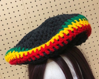 Rasta color hat, Hand Crochet beret, Black Yellow Red Green beanie, Yarn sun hat, Pan African hat, Unisex Afro diaspora hat