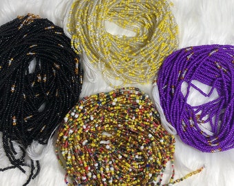 Exotic African waist beads, weight loss assorted waist beads, Purple, Black & gold, White Yellow- Plus size waist tie on waist beads 52 in