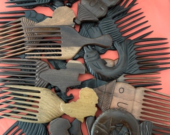 Wooden Afro combs, Artistic decorative wide comb, Detangling hair brush, African art brown Wood comb