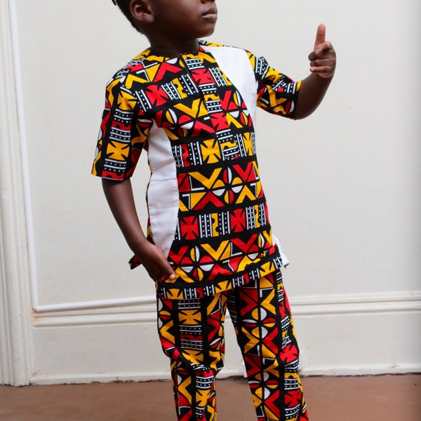 Ensemble assorti à imprimé africain pour garçon, ensemble chemise et pantalon deux pièces, vêtements Ankara pour enfant, chemise et pantalon kente pour tout-petit