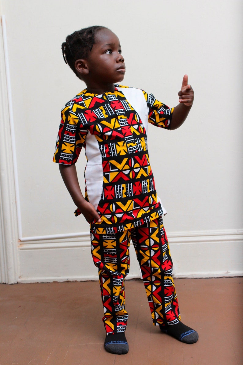 Africa print matching set for boy, two piece shirt and trousers set, Ankara clothing for kid, Kente shirt and pants for toddler image 1