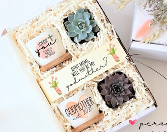 Unique godmother proposal gift box - baptism gift box - personalized godmother gift - succulent gift box  - ready to ship - gift under 35
