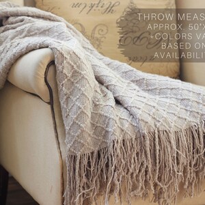 Op de afbeelding: Een beige deken met een ruitpatroon en franjes. De deken is over een stoel gegooid en de tekst "THROW MEASURES APPROX. 50"X60" *COLORS VARY BASED ON AVAILABILITY" is zichtbaar op de achtergrond.