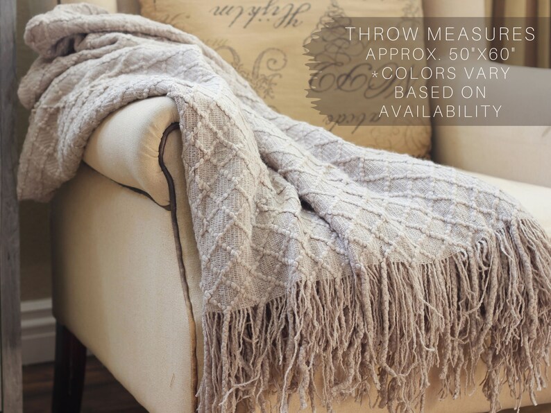 Op de afbeelding: Een beige deken met een ruitpatroon en franjes. De deken is over een stoel gegooid en de tekst "THROW MEASURES APPROX. 50"X60" *COLORS VARY BASED ON AVAILABILITY" is zichtbaar op de achtergrond.