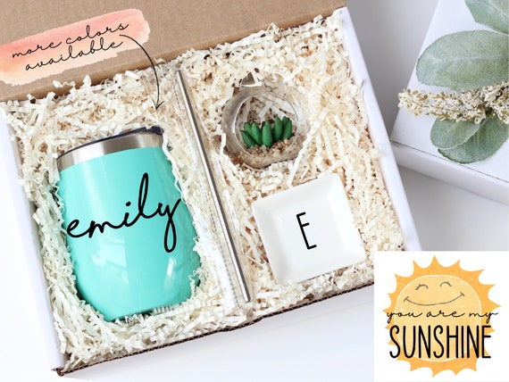 Sunshine gift box - sunshine in a box - thinking of you gift - faux succulent gift - personalized wine tumbler - ready to ship gift - unique