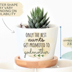 Pode incluir: Vaso de cer&acirc;mica branco com o texto "ONLY THE BEST AUNTS GET PROMOTED TO GODMOTHER" em letras pretas sobre um fundo de aquarela. O vaso mede aproximadamente 2,5 polegadas por 3 polegadas e tem uma pequena planta suculenta dentro.