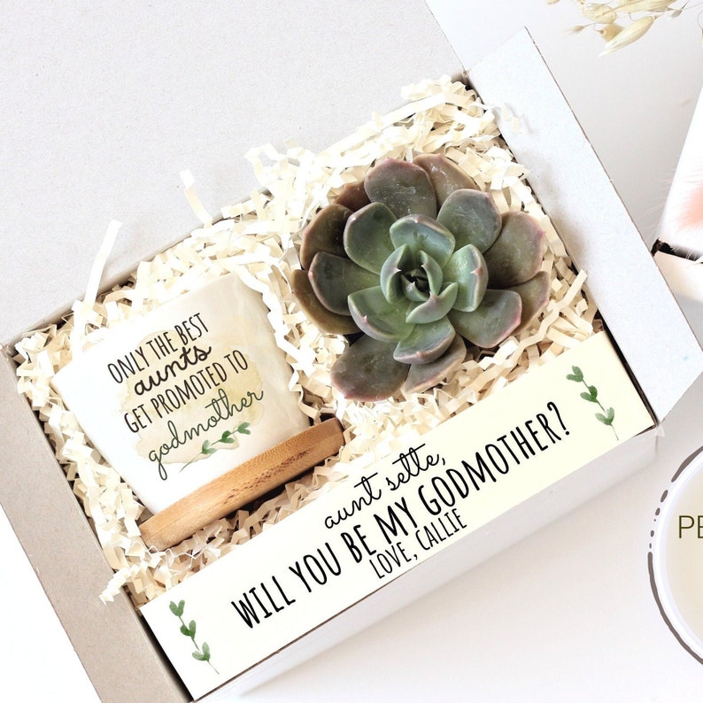 Pode incluir: Uma caixa de presente branca com uma planta suculenta em um pequeno vaso branco com o texto "Only the best aunts get promoted to godmother" e um cart&atilde;o branco com o texto "Aunt Sette, Will you be my godmother? Love, Callie"