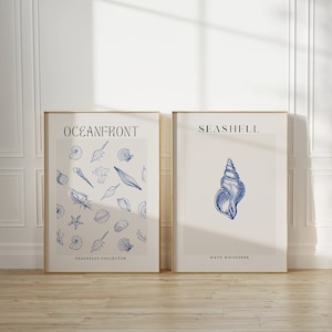 Seashell Digital Wall Art Set of 2, Blue Coastal Printable Art, Beach House Gallery Wall, Minimalist Seashell Illustration, Digital Download
