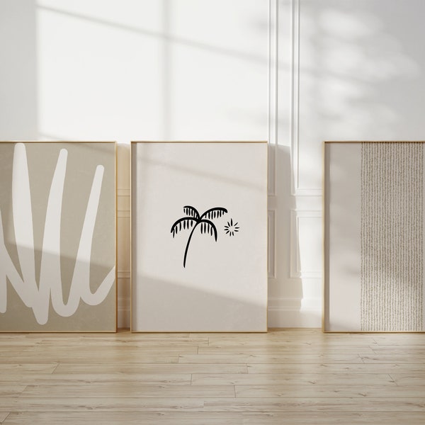 Ensemble d'impression d'été neutre de 3, mur de galerie de maison de plage minimaliste, art imprimable du milieu du siècle, impression abstraite beige, téléchargement numérique