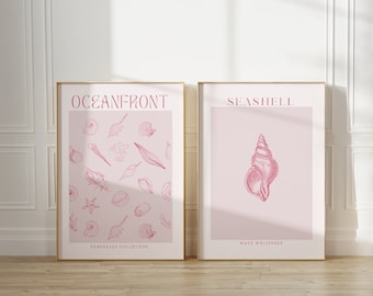 Pink Seashell Digital Art Set of 2, Beach House Gallery Wall, Aesthetic Coastal Print, Minimalist Seashell Illustration, Digital Download