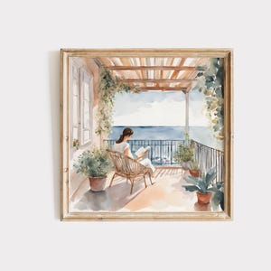 Coastal Women Reading Art, Parisian Watercolor Poster, Seaside Minimalist Illustration, Beach House Wall Decor, Digital Download