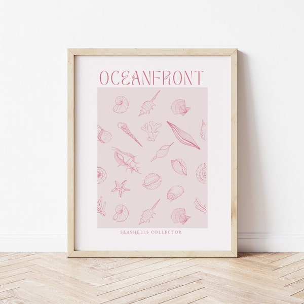 Pink Seashell Print, Beachy Wall Art, Summer Clip Art, Minimalist Seashells Illustration, Oceanfront Beach House Decor, Digital Download