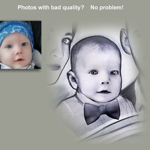 Puede incluir: Un dibujo en blanco y negro de un beb&eacute; con pajarita, sostenido por dos adultos. El beb&eacute; est&aacute; mirando a la c&aacute;mara. Los adultos no son completamente visibles en la imagen.