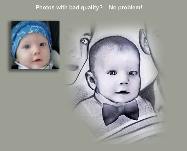 Puede incluir: Un dibujo en blanco y negro de un beb&eacute; con pajarita, sostenido por dos adultos. El beb&eacute; est&aacute; mirando a la c&aacute;mara. Los adultos no son completamente visibles en la imagen.