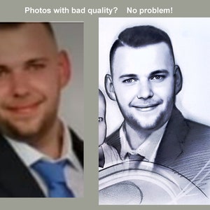 Puede incluir: Una imagen de antes y despu&eacute;s que muestra el retrato de un hombre. La imagen original est&aacute; borrosa y de baja calidad. La segunda imagen es un dibujo digital del hombre, con una apariencia m&aacute;s detallada y realista. El texto "&iquest;Fotos con mala calidad? &iexcl;No hay problema!" se muestra encima de las im&aacute;genes.