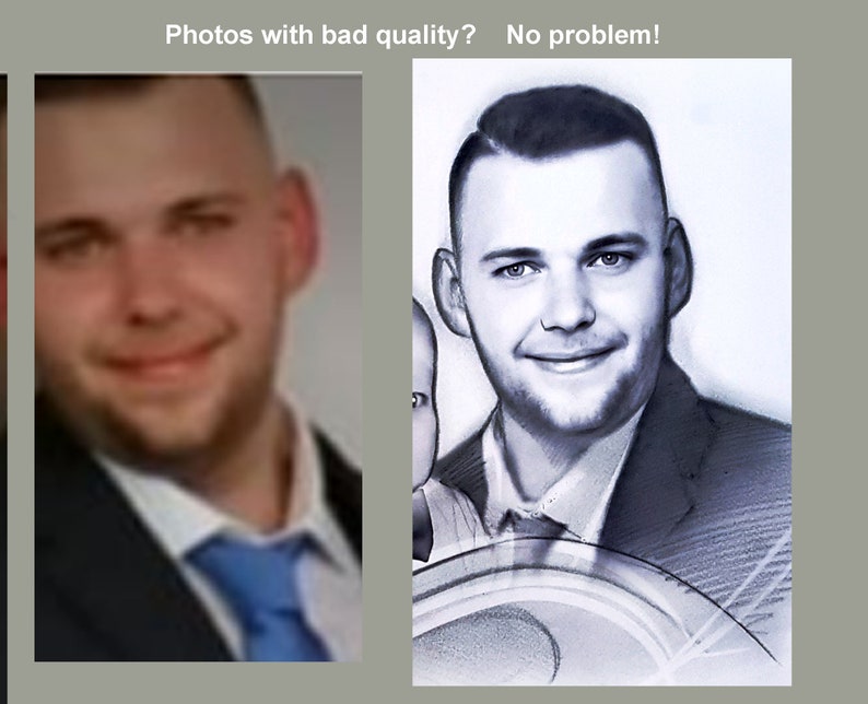 Puede incluir: Una imagen de antes y despu&eacute;s que muestra el retrato de un hombre. La imagen original est&aacute; borrosa y de baja calidad. La segunda imagen es un dibujo digital del hombre, con una apariencia m&aacute;s detallada y realista. El texto "&iquest;Fotos con mala calidad? &iexcl;No hay problema!" se muestra encima de las im&aacute;genes.