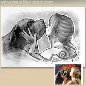 Individual portrait caricature with your pet, hand made dog cat bird parrot watercolor pencil Din A4