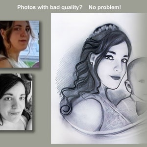 Puede incluir: Un dibujo a l&aacute;piz en blanco y negro de una mujer con el pelo largo sosteniendo un beb&eacute;. La mujer lleva un vestido y una corona. El beb&eacute; lleva una pajarita.