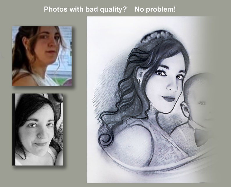 Puede incluir: Un dibujo a l&aacute;piz en blanco y negro de una mujer con el pelo largo sosteniendo un beb&eacute;. La mujer lleva un vestido y una corona. El beb&eacute; lleva una pajarita.