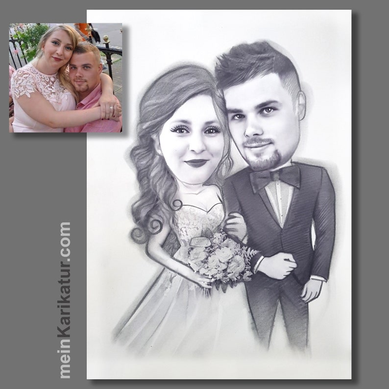 Puede incluir: Un dibujo de caricatura en blanco y negro de una novia y un novio. La novia lleva un vestido blanco y sostiene un ramo de flores. El novio lleva un esmoquin y una corbata de lazo. El dibujo est&aacute; sobre un fondo blanco.