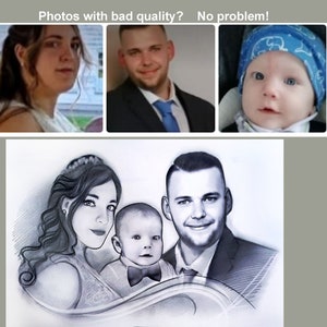 Puede incluir: Un dibujo a l&aacute;piz en blanco y negro de un retrato familiar. El dibujo muestra a una mujer con el pelo largo, un hombre con el pelo corto y un ni&ntilde;o peque&ntilde;o. La familia sonr&iacute;e y mira al espectador. El dibujo est&aacute; hecho en un estilo realista.