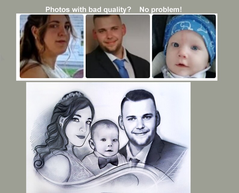 Puede incluir: Un dibujo a l&aacute;piz en blanco y negro de un retrato familiar. El dibujo muestra a una mujer con el pelo largo, un hombre con el pelo corto y un ni&ntilde;o peque&ntilde;o. La familia sonr&iacute;e y mira al espectador. El dibujo est&aacute; hecho en un estilo realista.