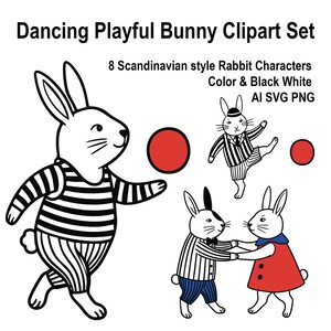 Op de afbeelding: Een digitale clipartset met acht Scandinavische konijnenfiguren in zwart en wit met rode accenten. De konijnen worden afgebeeld in speelse poses, sommigen dragen gestreepte outfits en dansen. De tekst luidt "Dancing Playful Bunny Clipart Set".