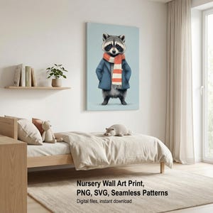 Op de afbeelding: Een rechthoekige wandkunstprint met een wasbeer die een blauwe jas en een rood-wit gestreepte sjaal draagt. De wasbeer staat tegen een lichtblauwe achtergrond. De print is getiteld "Nursery Wall Art Print, PNG, SVG, Seamless Patterns".