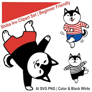 Op de afbeelding: Een digitale illustratieset met Shiba Inu-honden in verschillende poses. De honden zijn afgebeeld in zwart, wit, rood en blauw. De tekst "Shiba Inu Clipart Set | Beginner Friendly" wordt bovenaan weergegeven. De tekst onderaan luidt "AI SVG PNG | Color & Black White."
