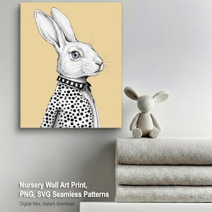 Op de afbeelding: Zwart-wit illustratie van een wit konijn met een jasje met stippen en een zwarte kraag. Het konijn heeft blauwe ogen en lange oren. Het is een muurkunstprint voor de kinderkamer.