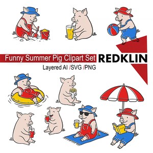 Pigs on the beach / Funny Summer Pig Clipart Set / Flat Vector SVG PNG AI