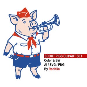 Op de afbeelding: Een cartoonvarken in een scoutuniform, dat trompet speelt. Het varken draagt een rode hoed, sjaal en riem, met een wit overhemd en een blauwe korte broek. De tekst "SCOUT PIGS CLIPART SET" is inbegrepen.