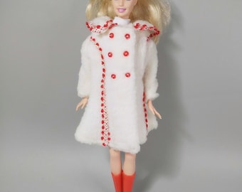 Vintage Mod White Faux Fur Coat & Red Boots Set for Barbie Clone Doll Fashion