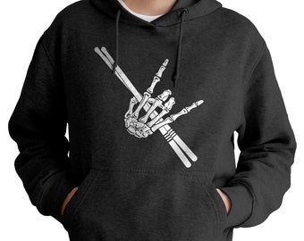 May include: A black hoodie with a white skeleton hand holding drumsticks in a rock and roll hand gesture.
